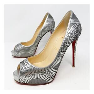 Christian Louboutin Suellena Silver Geometric Peep Toe Heels Womens Size EU 37
